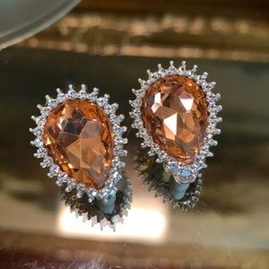 Clip on Orange Crystal Teardrop Earrings
